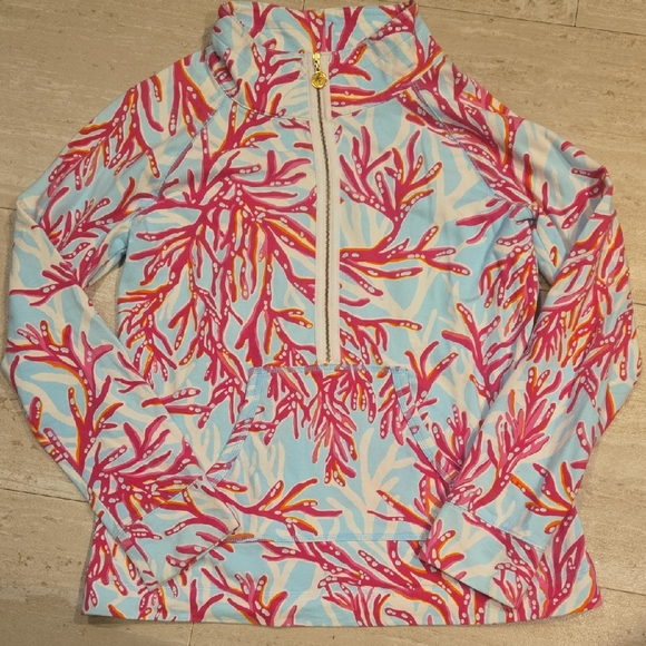 Lilly Pulitzer Tops - Lilly Pulitzer Ocean Blue/Pink Coral Design Print Half-Zip Popover Sweatshirt